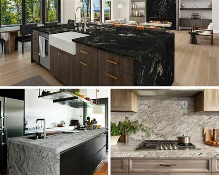 natural stone kitchen countertops with marble tile backsplash and warm wood cabinets in neutral kitchen design